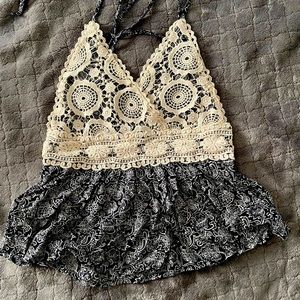 Contrast Lace Print Tie Back Cami Top
